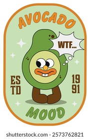 Funny avocado in retro style. sticker poster with avocado. Vector illustration for banner, card, postcard.