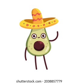 Funny avocado in sombrero vector cartoon character isolated on a white background.