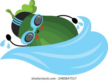 Funny avocado sportsman mascot swimming