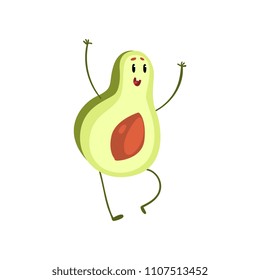 Funny avocado standinf with rising hands, emotional fruit cartoon character vector Illustration on a white background
