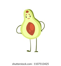 Funny avocado standing with hands on waist, emotional fruit cartoon character vector Illustration on a white background