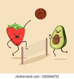 Funny Avocado and Strawberry play in beach volleyball. Vector cartoon character of cute fruit of summer activities. Illustration of sport and healthy lifestyle.