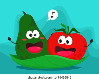 Funny avocado and tomato on a green leaf sing a song. Vector illustration in cartoon flat style.