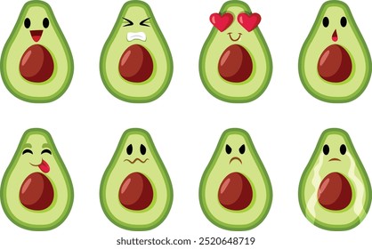 
Funny Avocado Vector Character Set of Different Expressions. Cute fruit mascot in different emotional states 
