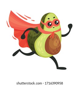 Funny Avocado Wearing Superhero Red Cloak and Mask Running Vector Illustration