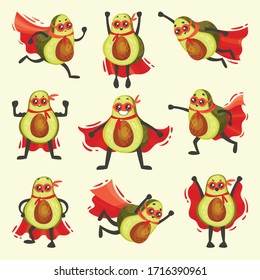 Funny Avocado Wearing Superhero Red Cloak Running and Flying Vector Set