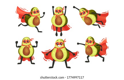 Funny Avocado Wearing Superhero Red Cloak and Mask Running Vector Illustration