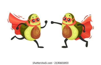Funny Avocado Wearing Superhero Red Cloak and Mask Vector Set