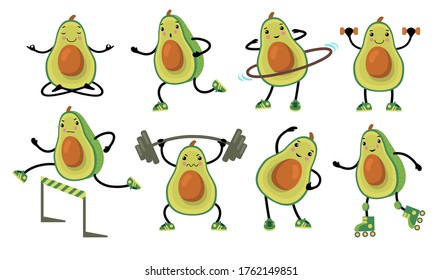 Funny avocados doing exercise flat icon set. Cartoon cute fruit character running, sitting in yoga pose isolated vector illustration collection. Workout and fitness concept