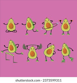 Funny avocados doing exercise flat icon set. Cartoon cute fruit character running, sitting in yoga pose isolated vector illustration collection. Workout and fitness concept