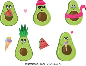 Schöne Avocados-Objektsammlung mit Blatt, Avocado-Übung. Sommerlustige Avocado-Früchte mit Wassermelone, Eis und Avocado wie Ananas