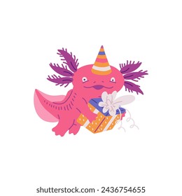 Funny axolotl amphibia animal character with birthday gifts. Cute axolotl aquatic salamander for birthday card, flat vector illustration isolated on white background. svg