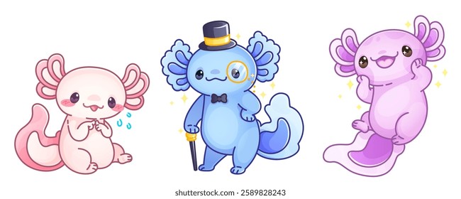 Funny axolotl characters set isolated on white background. Vector cartoon illustration of kawaii style pink and blue salamander animals smiling, wearing hat and monocle, education mascot, doodle art