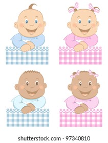 Funny babies boy and girl with pattern in blue and pink colors