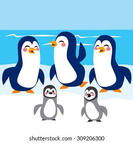 Funny baby and adult penguins happy together in Antarctic iceberg