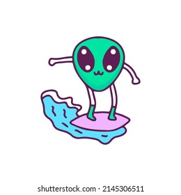 Funny baby alien mascot surfing, illustration for t-shirt, sticker, or apparel merchandise. With doodle, retro, and cartoon style.
