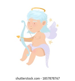 Funny Baby Angel with Nimbus and Wings Holding Bow and Arrow Vector Illustration