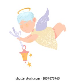 Funny Baby Angel with Nimbus and Wings Vector Illustration