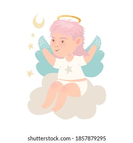 Funny Baby Angel with Nimbus and Wings Sitting on Soft Cloud Vector Illustration