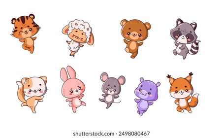 Funny baby animals dancing flat color vector illustration set. Kawaii pets having fun at music party icons on white background collection
