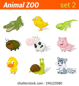 Funny baby animals icon set. Children language learning elements. Alligator, chicken, lizzard, beetle, cow, pig, duck, snail, racoon.  Animal Zoo collection.