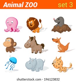 Funny baby animals icon set. Kid language learning elements. Octopus, horse, mole, monkey, lion, kangaroo, jellyfish, hippo, leopard.  Animal Zoo collection.