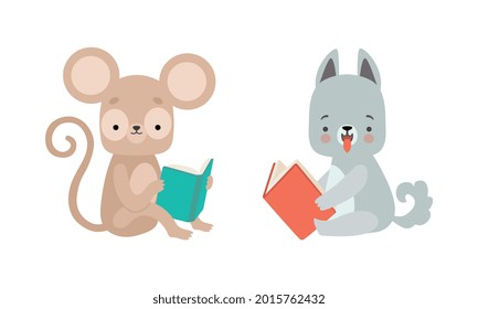 Funny Baby Animals Reading Books Set, Adorable Little Mouse And Wolf Sitting And Learning, Kids Education Concept Cartoon Vector Illustration