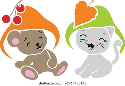 Funny baby bear and cute kitten with mushroom hat. Vector