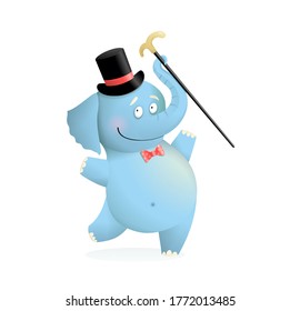 Funny baby blue Circus, Elephant character for kids. Cute happy elephant wearing hat and holding cane animal adorable drawing for kids. Watercolor style cartoon vector illustration