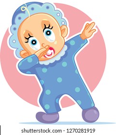 Funny Baby Boy Dabbing Vector Cartoon. Cute little child dancing taking first steps 
