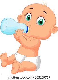 Funny baby boy drinking milk with bottle