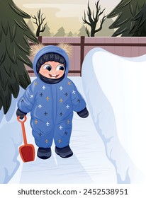Funny baby boy in a snowsuit with a hood, holding a toy shovel for digging snow. A child walking among the snowdrifts. Vector cartoon cheerful kid in warm clothes.
