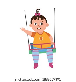 Funny baby brain development and learning world picture. Little kid swinging on a swing set and waving hand outdoors, flat cartoon vector illustration white background