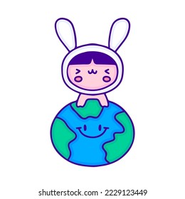 Funny baby in bunny costume with earth planet doodle art, illustration for t-shirt, sticker, or apparel merchandise. With modern pop and kawaii style.
