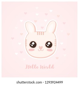 Funny Baby Bunny Vector Card. Adorable Fluffy Pink Baby Rabbit. Hello World. Lovely Nursery Art. Simple Kawaii Style Cartoon. Baby Shower Theme. Pink Background. Rain of Tiny Hearts.