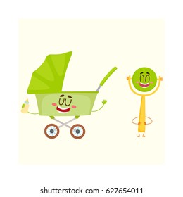 Funny baby cart, stroller, buggy and rattle toy character, newborn accessories, cartoon vector illustration isolated on white background. Baby cart, pushcart, stroller and rattle character, mascot
