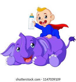 funny baby cartoon playing with purple elephant isolated on white background