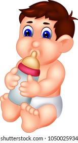 funny baby cartoon sitting with smile and drink milk