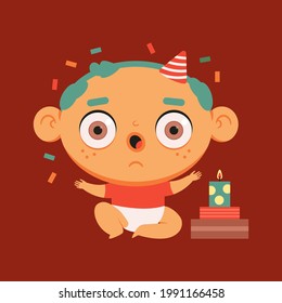Funny baby celebrate birthday vector cartoon character isolated on background.