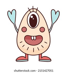 Funny baby character cyclops with raised hands. Monster smiling isolated vector illustration. Egg shaped bastard. Fictional funny creature for kids design