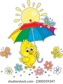 Funny baby chick with a striped umbrella and merrily flittering butterflies among colorful flowers on a sunny summer day, vector cartoon illustration isolated on a white background