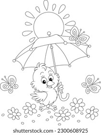 Funny baby chick with a striped umbrella and merrily flittering butterflies among flowers on a sunny summer day, black and white outline vector cartoon illustration for a coloring book