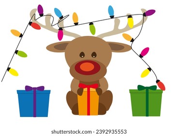 Funny baby Christmas Rudolf reindeer with three presents and colorful lights