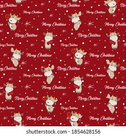 Funny baby cows seamless pattern on a red. Vector background for fabric, print