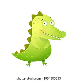 Funny baby crocodile with cute face. Kids and childhood croc or alligator mascot for boys and girls, baby animal cute nursery art. Vector design in watercolor style.