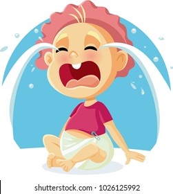 Funny Baby Crying Vector Cartoon Illustration. Cute Newborn Toddler Yelling For Being Wet Or Hungry
