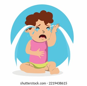 Graciosa Ilustración De Dibujo De Vectores Lloradores De Bebé. Pequeño recién nacido gritando por estar mojado o hambriento.