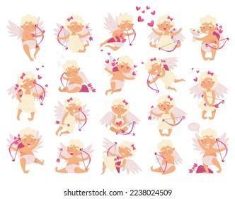 Funny baby cupids set. Lovely little angels, amurs, cherubs cartoon vector illustration