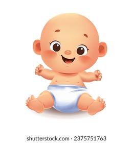 Funny baby in a diaper. Comic, vector cartoon character. Drawing. Used for magazines, stickers, print in web design.