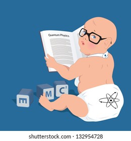 Funny baby in a diaper and geeky glasses reading a book on quantum physics, alphabet cubes with energy formula lying around